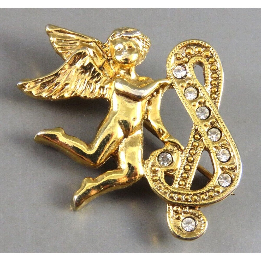 VTG 1928 BROOCH PIN Gold Tone w/Clear Rhinestones ANGEL & LETTER "S" INITIAL